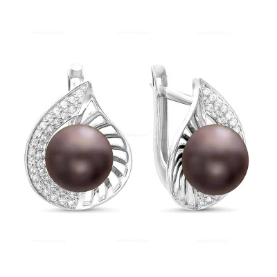 Серьги из серебра с черными речными жемчужинами 8,5-9 мм