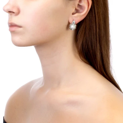 Серьги "Роза" из серебра c белыми речными жемчужинами 8-8,5 мм