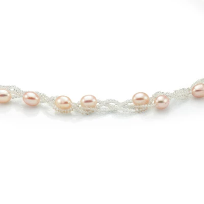 Ожерелье из розового рисообразного жемчуга с бисером. Жемчужины 7,5-8 мм