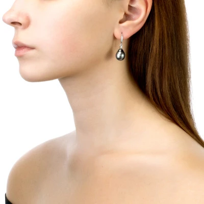 Серьги из серебра c черными морскими Таитянскими жемчужинами 10,6-10,9 мм