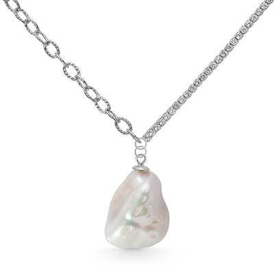 Колье из серебра 925 пробы с белой речной жемчужиной "Барокко" 18-23 мм