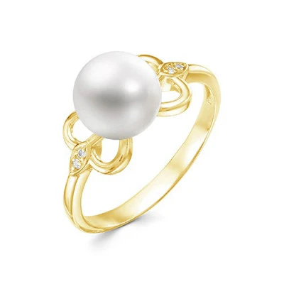 Кольцо из желтого золота с белой речной жемчужиной 8,5-9 мм