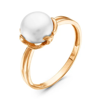 Кольцо из красного золота с белой речной жемчужиной 7,5-8 мм