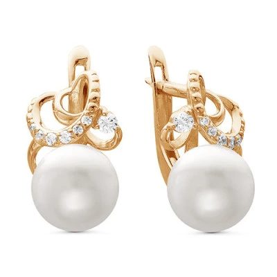 Серьги из желтого золота с белыми речными жемчужинами 8,5-9 мм