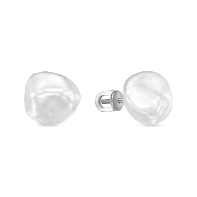 Пусеты из серебра с белыми речными жемчужинами "барокко" 12,5-13 мм