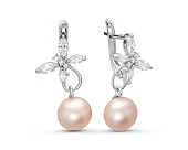 Серьги "Бабочки" из серебра с розовыми речными жемчужинами 8,5-9 мм
