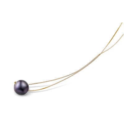 Цепочка из серебра 925 пробы с черной круглой речной жемчужиной 8-9 мм