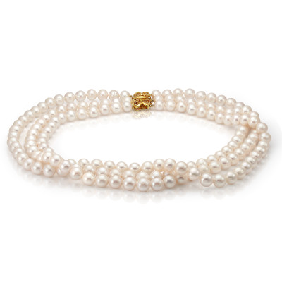 Ожерелье 3-рядное из белого круглого речного жемчуга класса ААА. Жемчужины 8,5-9,5 мм