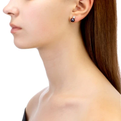 Серьги-гвоздики из серебра с черными речными жемчужинами 8-8,5 мм