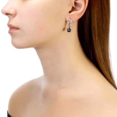 Серьги из серебра с черными речными жемчужинами 7,5-8 мм