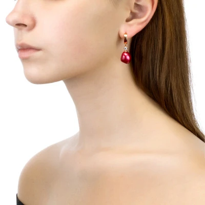 Серьги из серебра с красными речными жемчужинами "Барокко" 11-12 мм