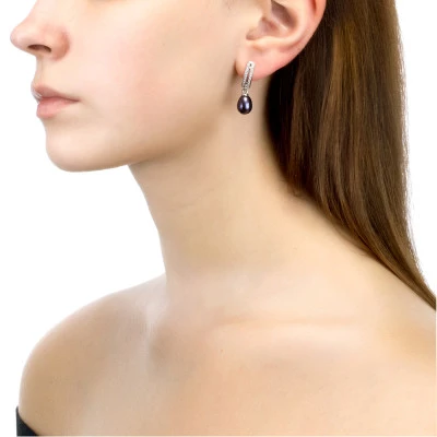 Серьги из серебра с черными речными жемчужинами 7,5-8 мм