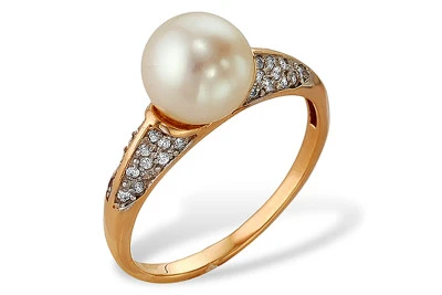 Кольцо из красного золота с белой речной жемчужиной 9-9,5 мм