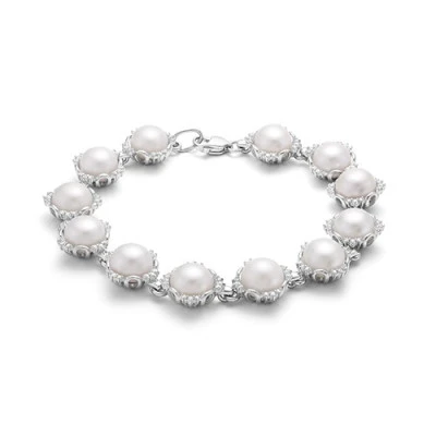 Браслет из серебра с белыми речными жемчужинами. Жемчужины 8-8,5 мм