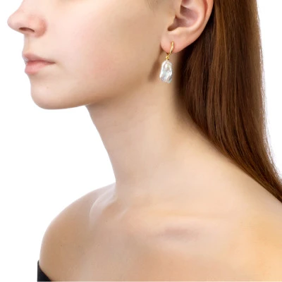 Серьги из серебра с белыми речными жемчужинами "Барокко" 13-15 мм