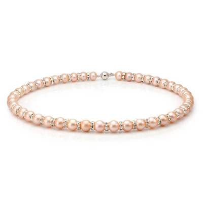 Ожерелье из розового круглого жемчуга со стразами. Жемчужины 8,5-9,5 мм