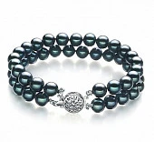 Браслет 2-рядный из черного круглого морского жемчуга Акойя (Япония) 7-7,5 мм. Класс ААА