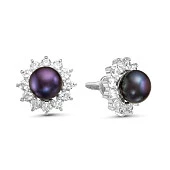 Серьги-гвоздики из серебра с черными речными жемчужинами 7,5-8 мм