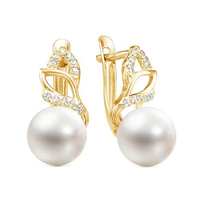 Серьги из желтого золота с белыми речными жемчужинами 8,5-9 мм