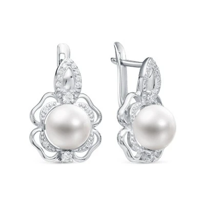 Серьги "Роза" из серебра c белыми речными жемчужинами 8-8,5 мм