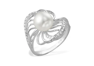 Кольцо из белого золота с белой речной жемчужиной 7,5-8 мм