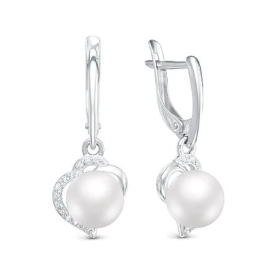 Серьги "Сердечки" из серебра c белыми речными жемчужинами 7-7.5 мм