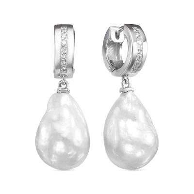 Серьги из серебра c белыми речными жемчужинами "Барокко" 14-16 мм