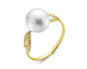 Кольцо из желтого золота с белой морской жемчужиной Акойя 9-9,5 мм