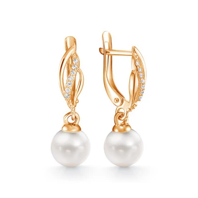 Серьги из красного золота с белыми речными жемчужинами 9,5-10 мм