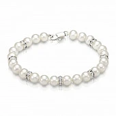 Браслет из белого речного круглого жемчуга со стразами. Жемчужины 7,5-8,5 мм