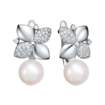 Серьги из серебра c белыми речными жемчужинами 8,5-9 мм