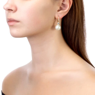 Серьги из серебра c белыми японскими речными жемчужинами 14-14,5 мм