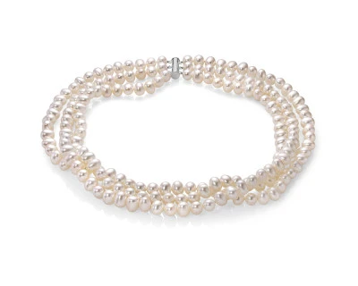 Ожерелье 3-рядное из белого овального жемчуга класса ААА. Жемчужины 7,5-8 мм