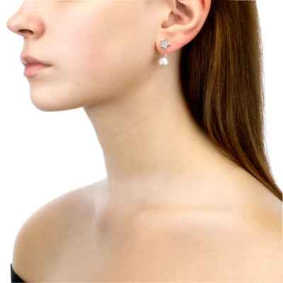 Пусеты "Диор" из серебра с белыми речными жемчужинами 8,5-9 мм