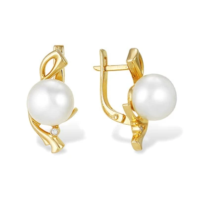 Серьги из желтого золота с белыми речными жемчужинами 7,5-8 мм