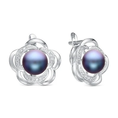 Серьги "Роза" из серебра с черными речными жемчужинами 8,5-9 мм