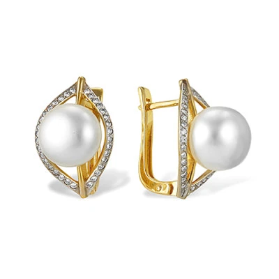 Серьги из желтого золота с белыми речными жемчужинами 8-8,5 мм