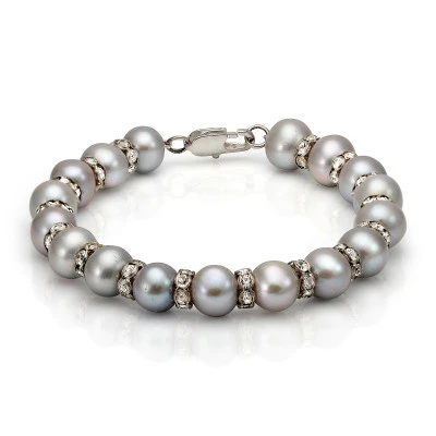 Браслет из серебристого речного круглого жемчуга со стразами. Жемчужины 8,5-9,5 мм