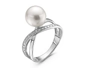 Кольцо из белого золота с белой морской жемчужиной Акойя 9-9,5 мм