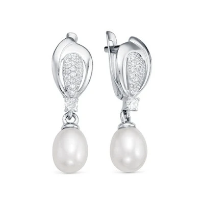 Серьги из белого золота с белыми речными жемчужинами 9-10 мм