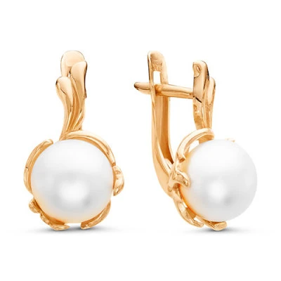 Серьги из красного золота с белыми речными жемчужинами 7,5-8 мм