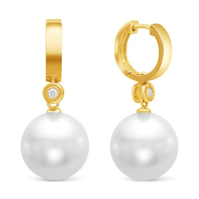 Серьги из желтого золота с белыми морскими Австралийскими жемчужинами 13-13,5 мм