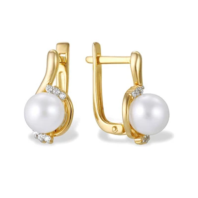 Серьги из желтого золота с белыми речными жемчужинами 7,5-8 мм