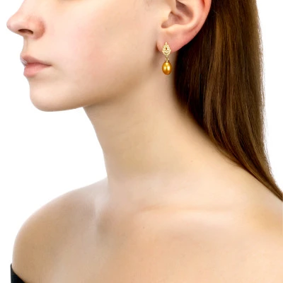 Серьги из серебра с золотистыми речными жемчужинами 8-8,5 мм