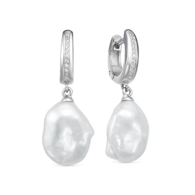 Серьги из серебра с белыми речными жемчужинами "Барокко" 13-15 мм