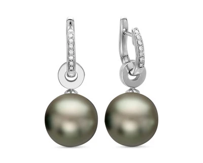 Серьги из белого золота с черными морскими Таитянскими жемчужинами 12,6-12,9 мм
