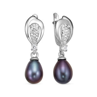 Серьги из серебра с черными речными жемчужинами 7,5-8 мм