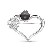 Брошь "Сердце" из серебра с черной речной жемчужиной 8,5-9 мм