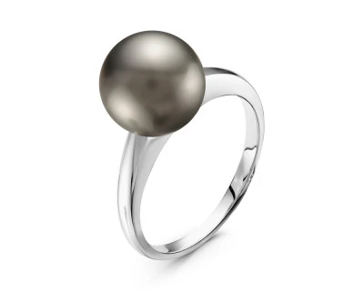 Кольцо из белого золота с черной морской Таитянской жемчужиной 10,6-11,5 мм