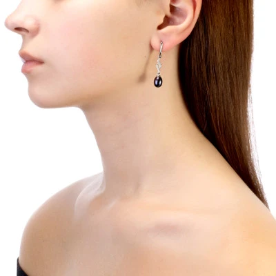 Серьги из серебра с черными речными жемчужинами 7,5-8 мм